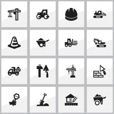 16 düzenlenebilir inşaat simgeler kümesi. Caterpillar, arabası, küreği ve daha fazlası gibi simgeler içerir. Web, mobil, UI ve Infographic tasarımı için kullanılabilir.
