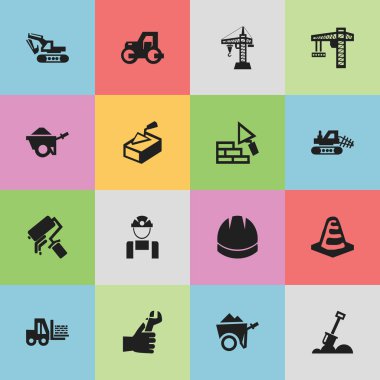 16 düzenlenebilir yapısını simgeler kümesi. Kask, gösterge, Asansör gibi simgeler içerir. Web, mobil, UI ve Infographic tasarımı için kullanılabilir.