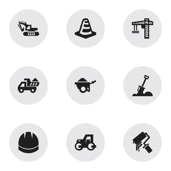 Conjunto de 9 iconos edificables. Incluye símbolos tales como objetos de aviso, remo, carro y más. Puede ser utilizado para el diseño de la tela, móvil, interfaz de usuario e infografía . — Vector de stock