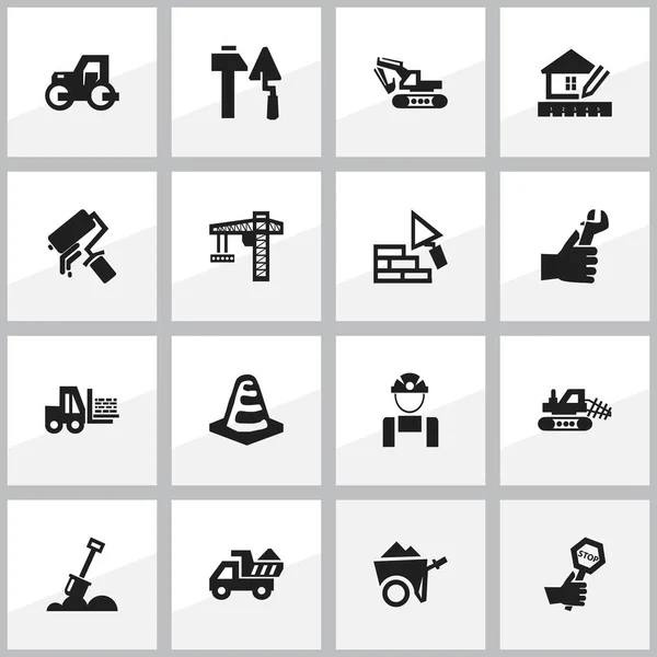 Набор из 16 редактируемых икон здания. Includes Symbols such as Hands, Lifting Equipment, Excavation Machine. Can be used for Web, Mobile, UI and Infographic Design . — стоковый вектор