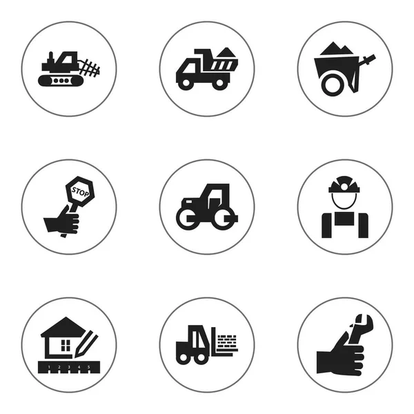 Набор из 9 редактируемых строительных икон. Includes Symbols such as Caterpillar, Endurance, Handcart. Can be used for Web, Mobile, UI and Infographic Design . — стоковый вектор