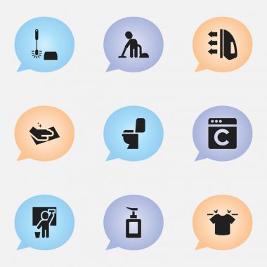 9 düzenlenebilir Temizleme simgeler kümesi. Tuvalet, buhar, havlu ve daha fazlası gibi simgeler içerir. Web, mobil, UI ve Infographic tasarımı için kullanılabilir.