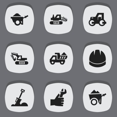 9 düzenlenebilir inşaat simgeler kümesi. Kask, kazı makinesi, katır ve daha fazlası gibi simgeler içerir. Web, mobil, UI ve Infographic tasarımı için kullanılabilir.
