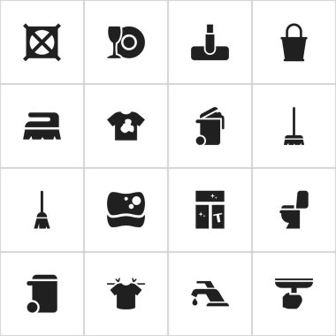 16 düzenlenebilir temizlik simgeler kümesi. Süpürge sopası, çırpma teli, hiçbir Çamaşırhane ve daha fazlası gibi simgeler içerir. Web, mobil, UI ve Infographic tasarımı için kullanılabilir.