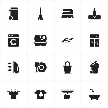 16 düzenlenebilir temizlik simgeler kümesi. Sembolleri cam, plaka, kirli bluz ve daha fazla yıkama gibi içerir. Web, mobil, UI ve Infographic tasarımı için kullanılabilir.