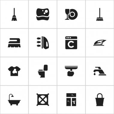16 düzenlenebilir temizlik simgeler kümesi. Çamaşırcı, musluk, kirli bluz ve daha fazlası gibi simgeler içerir. Web, mobil, UI ve Infographic tasarımı için kullanılabilir.
