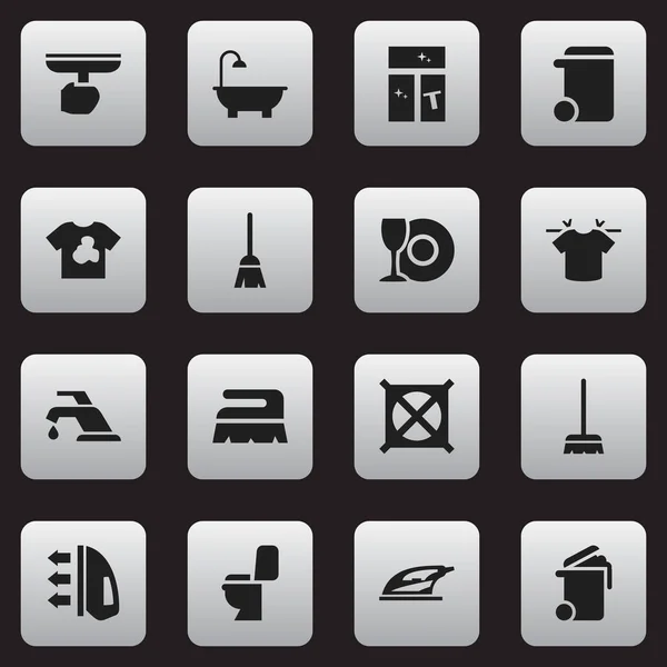 Satz von 16 editierbaren Reinigungssymbolen. beinhaltet Symbole wie Fegen, Besenstiel, keine Wäsche und mehr. kann für Web-, Mobil-, UI- und Infografik-Design verwendet werden. — Stockvektor