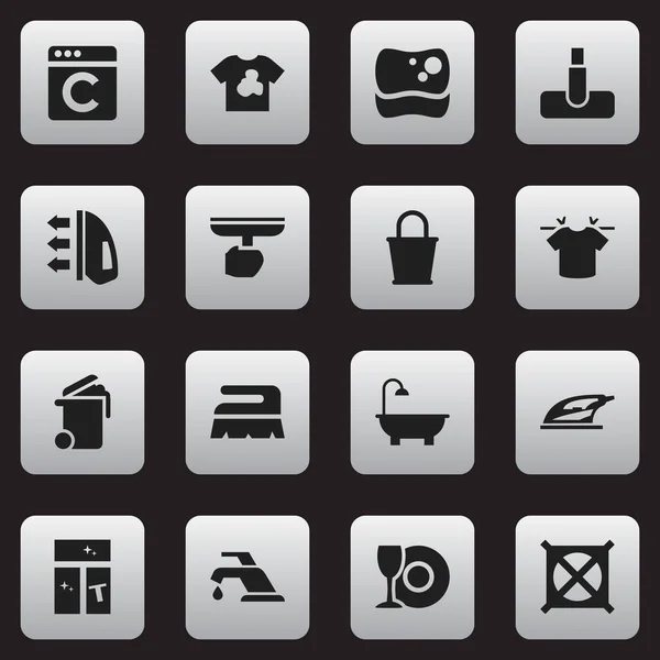 Set med 16 redigerbara rengöring ikoner. Innehåller symboler som tvätterska, Hoover, ren T-Shirt och mycket mer. Kan användas för webb-, mobil-, Ui- och Infographic Design. — Stock vektor