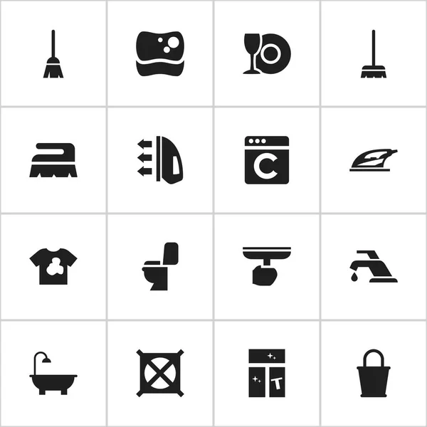 Set Of 16 Editable Cleaning Icons. Includes Symbols Such As Laundress, Faucet, Unclean Blouse And More. Can Be Used For Web, Mobile, UI And Infographic Design. — Stock Vector