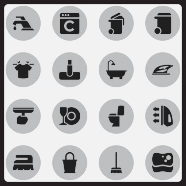 16 düzenlenebilir Temizleme simgeler kümesi. Çamaşırcı, buhar, konteyner ve daha fazlası gibi simgeler içerir. Web, mobil, UI ve Infographic tasarımı için kullanılabilir.