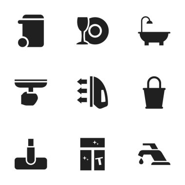 9 düzenlenebilir temizlik simgeler kümesi. Banyo, Hoover, kova ve daha fazlası gibi simgeler içerir. Web, mobil, UI ve Infographic tasarımı için kullanılabilir.