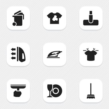 9 düzenlenebilir hijyen simgeler kümesi. Plaka, temiz tişört, Buhar ve daha fazla gibi simgeler içerir. Web, mobil, UI ve Infographic tasarımı için kullanılabilir.