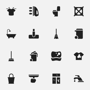 16 düzenlenebilir Temizleme simgeler kümesi. Temiz tişört, konteyner, kirli bluz ve daha fazlası gibi simgeler içerir. Web, mobil, UI ve Infographic tasarımı için kullanılabilir.