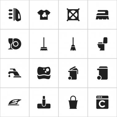 16 düzenlenebilir hijyen simgeler kümesi. Süpürge sopası, çamaşırcı, Çöp Kovası ve daha fazlası gibi simgeler içerir. Web, mobil, UI ve Infographic tasarımı için kullanılabilir.