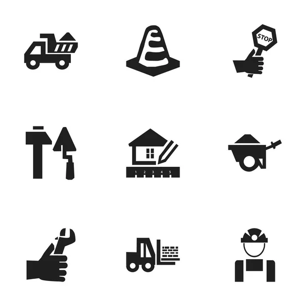 Ensemble de 9 icônes de construction modifiables. Comprend des symboles tels que Camion, Chariot, Avis objet et plus. Peut être utilisé pour le Web, mobile, interface utilisateur et infographie . — Image vectorielle