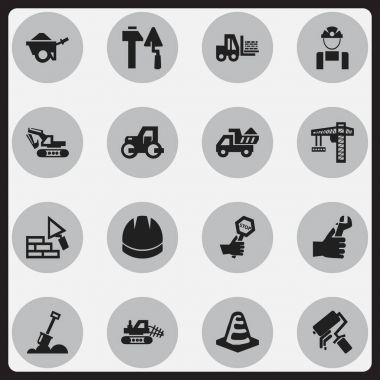 16 düzenlenebilir inşaat simgeler kümesi. Caterpillar, çalışan, kamyon ve daha fazlası gibi simgeler içerir. Web, mobil, UI ve Infographic tasarımı için kullanılabilir.