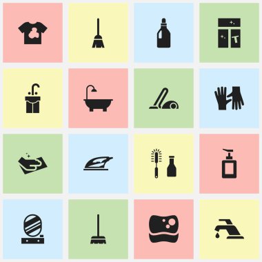 16 düzenlenebilir Kuru Temizleme simgeler kümesi. Havlu, çamaşır deterjanı, temizleyici ve daha fazlası gibi simgeler içerir. Web, mobil, UI ve Infographic tasarımı için kullanılabilir.
