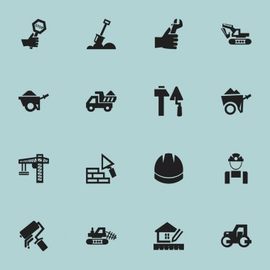 16 düzenlenebilir bina simgeler kümesi. Kazı makine, inşaat araçları, bakan ve daha fazlası gibi simgeler içerir. Web, mobil, UI ve Infographic tasarımı için kullanılabilir.