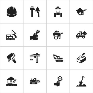 16 düzenlenebilir yapısını simgeler kümesi. Camion, ev planlama, küreği ve daha fazlası gibi simgeler içerir. Web, mobil, UI ve Infographic tasarımı için kullanılabilir.