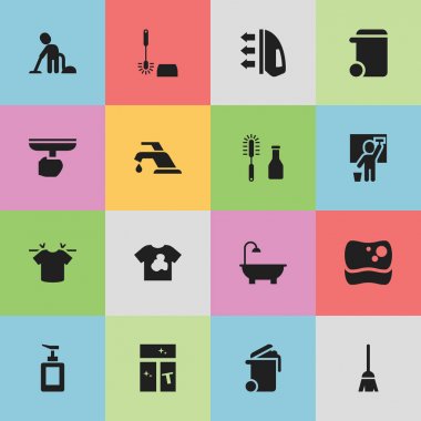 16 düzenlenebilir hijyen simgeler kümesi. Temiz tişört, fırça, Çöp Kovası ve daha fazlası gibi simgeler içerir. Web, mobil, UI ve Infographic tasarımı için kullanılabilir.