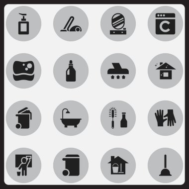 16 düzenlenebilir temizlik simgeler kümesi. Banyo, aracı, yıkama gibi simgeler el dezenfektanı içerir. Web, mobil, UI ve Infographic tasarımı için kullanılabilir.