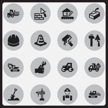 16 düzenlenebilir yapısını simgeler kümesi. İnşaat araçları, kazı makinesi, eller gibi simgeler içerir. Web, mobil, UI ve Infographic tasarımı için kullanılabilir.