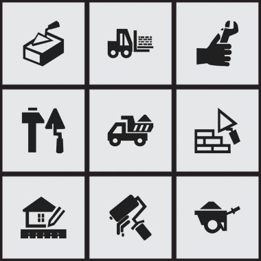 9 düzenlenebilir bina simgeler kümesi. Bodur, eller, kamyon gibi simgeler içerir. Web, mobil, UI ve Infographic tasarımı için kullanılabilir.