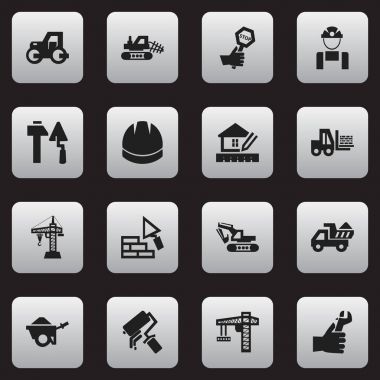 16 düzenlenebilir inşaat simgeler kümesi. Katır, Camion, inşaat araçları ve daha fazlası gibi simgeler içerir. Web, mobil, UI ve Infographic tasarımı için kullanılabilir.