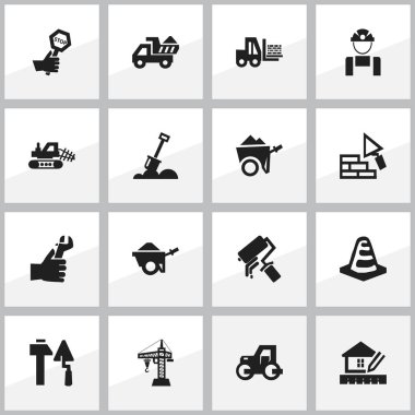 16 düzenlenebilir inşaat simgeler kümesi. Dayanıklılık, eller, çalışan gibi simgeler içerir. Web, mobil, UI ve Infographic tasarımı için kullanılabilir.