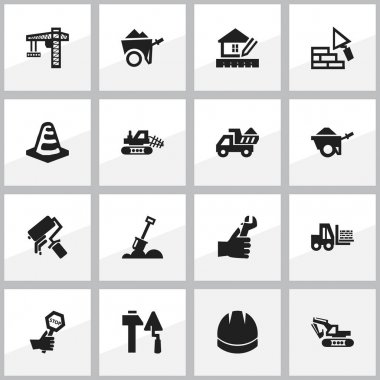 16 düzenlenebilir inşaat simgeler kümesi. Sembolleri karşı karşıya gibi bildirim nesnesi, küreği ve daha fazlasını içerir. Web, mobil, UI ve Infographic tasarımı için kullanılabilir.