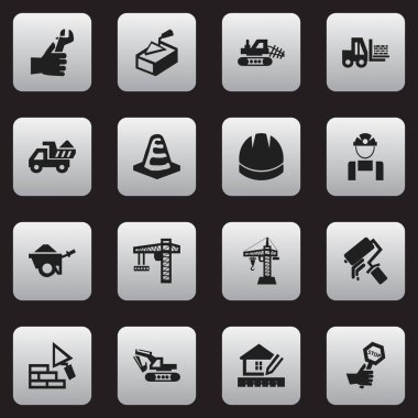 16 düzenlenebilir yapısını simgeler kümesi. Simgeleri kaldırma donanımları, kask, bodur ve daha fazlasını içerir. Web, mobil, UI ve Infographic tasarımı için kullanılabilir.