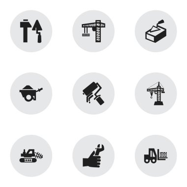 9 düzenlenebilir inşaat simgeler kümesi. İnşaat araçları, arabası, Asansör ve daha fazlası gibi simgeler içerir. Web, mobil, UI ve Infographic tasarımı için kullanılabilir.