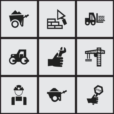 9 düzenlenebilir inşaat simgeler kümesi. Sembolleri karşı karşıya gibi Caterpillar, çalışan ve daha fazlasını içerir. Web, mobil, UI ve Infographic tasarımı için kullanılabilir.