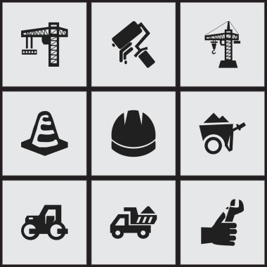 9 düzenlenebilir inşaat simgeler kümesi. Camion, kask, eller gibi simgeler içerir. Web, mobil, UI ve Infographic tasarımı için kullanılabilir.