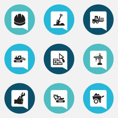 9 düzenlenebilir inşaat simgeler kümesi. Bulutsuz, kürek, el gibi simgeler içerir. Web, mobil, UI ve Infographic tasarımı için kullanılabilir.