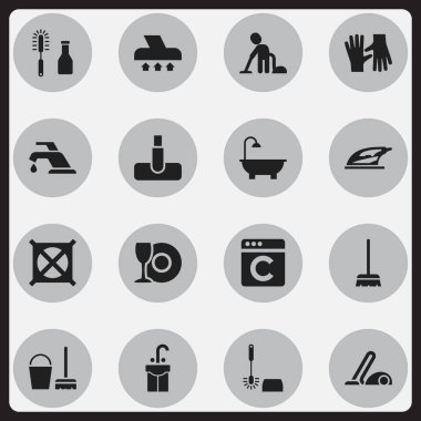 16 düzenlenebilir Kuru Temizleme simgeler kümesi. Lavabo, plaka ve elektrikli süpürge gibi simgeler içerir. Web, mobil, UI ve Infographic tasarımı için kullanılabilir.
