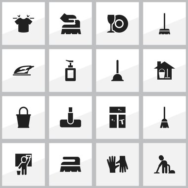16 düzenlenebilir temizlik simgeler kümesi. Sembolleri cam, kova, kauçuk drenaj ve daha fazla yıkama gibi içerir. Web, mobil, UI ve Infographic tasarımı için kullanılabilir.