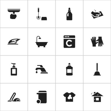 16 düzenlenebilir Temizleme simgeler kümesi. Süpürge, elektrikli süpürge, havlu ve daha fazlası gibi simgeler içerir. Web, mobil, UI ve Infographic tasarımı için kullanılabilir.