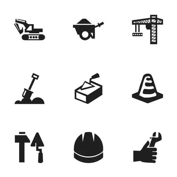 Zestaw 9 ikon edycji budowlane. Zawiera symbole, takie jak powiadomienia obiektu, ręce, wózek. Mogą być używane dla sieci Web, mobilnych, interfejsu użytkownika i Infographic Design. — Wektor stockowy