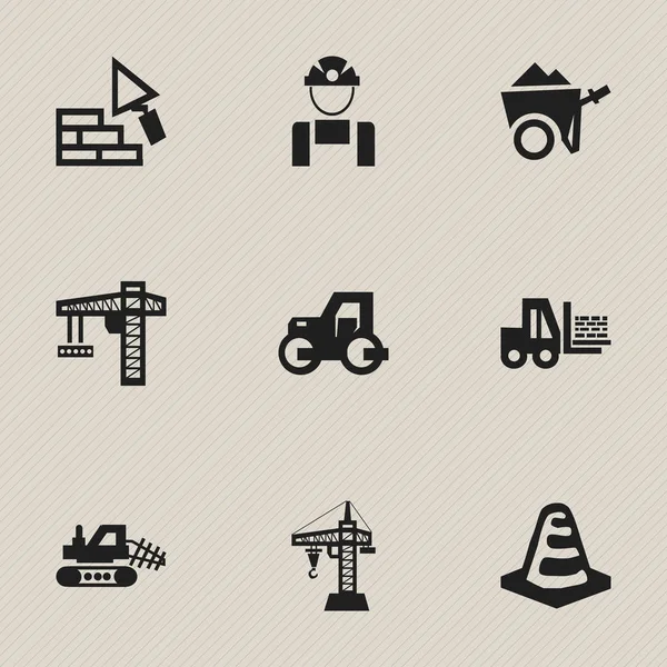 Zestaw 9 ikon edycji budowlane. Zawiera symbole, takie jak pracownik, wózek, samochód ciężarowy. Mogą być używane dla sieci Web, mobilnych, interfejsu użytkownika i Infographic Design. — Wektor stockowy