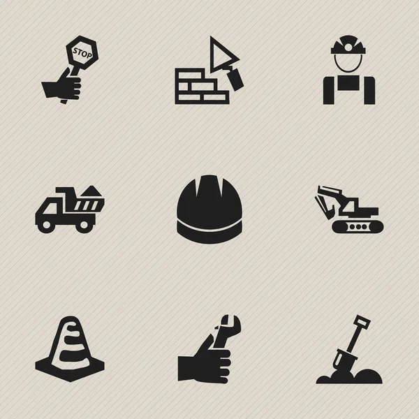 Zestaw 9 ikon można edytować budynku. Zawiera symbole, takie jak kasków ochronnych, Camion, wiosło i więcej. Mogą być używane dla sieci Web, mobilnych, interfejsu użytkownika i Infographic Design. — Wektor stockowy