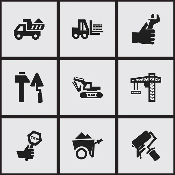 9 düzenlenebilir yapısını simgeler kümesi. Kazı makinesi, bulutsuz, kamyon gibi simgeleri içerir. Web, mobil, UI ve Infographic tasarımı için kullanılabilir.