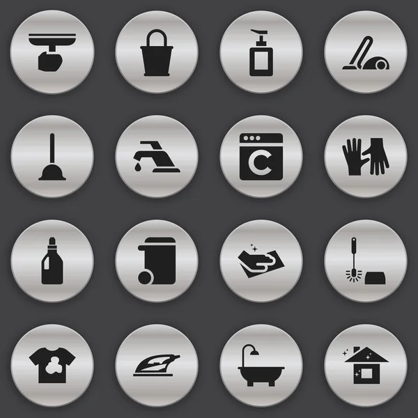 Zestaw 16 ikon można edytować oczyszczanie. Zawiera symbole, takie jak Hand Sanitizer, urządzenia, gumowe drenażu. Mogą być używane dla sieci Web, mobilnych, interfejsu użytkownika i Infographic Design. — Wektor stockowy