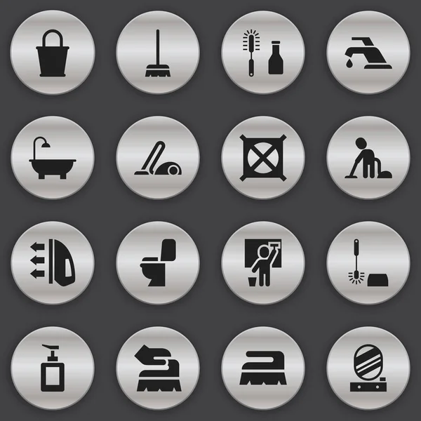 Zestaw 16 ikon można edytować higieny. Zawiera symbole, takie jak wiadro, wyciągnięcie po ścieżce, odkurzacz i więcej. Mogą być używane dla sieci Web, mobilnych, interfejsu użytkownika i Infographic Design. — Wektor stockowy