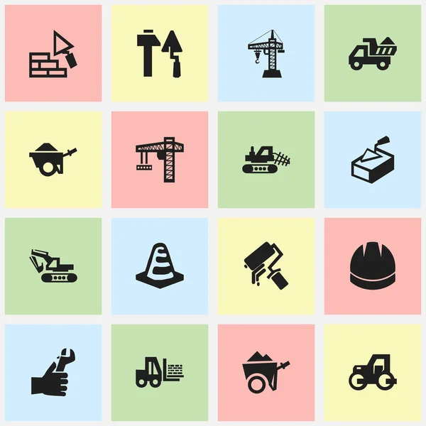 Set Of 16 Editable Structure Icons. Includes Symbols Such As Notice Object, Excavation Machine, Caterpillar And More. Can Be Used For Web, Mobile, UI And Infographic Design. — Stock Vector