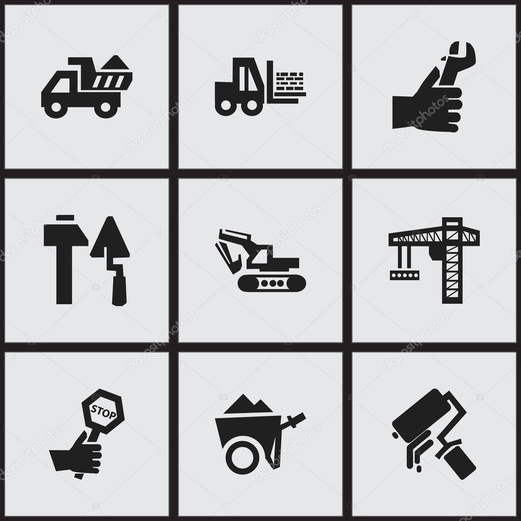 Set Of 9 Editable Structure Icons. Includes Symbols Such As Excavation Machine , Handcart , Truck. Can Be Used For Web, Mobile, UI And Infographic Design.