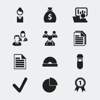 12 düzenlenebilir Office simgeler kümesi. Para çantası, iş kadını, dizüstü bilgisayar ve daha fazla işçi gibi simgeler içerir. Web, mobil, UI ve Infographic tasarımı için kullanılabilir.