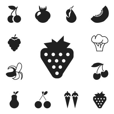 12 düzenlenebilir tatlı simgeler kümesi. Berry, Chili, muz ve daha fazlası gibi simgeler içerir. Web, mobil, UI ve Infographic tasarımı için kullanılabilir.