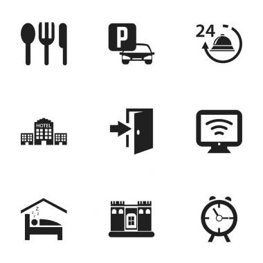 9 düzenlenebilir Motel simgeler kümesi. Restoran, Townhouse, Alarm ve daha fazlası gibi simgeler içerir. Web, mobil, UI ve Infographic tasarımı için kullanılabilir.