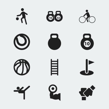 12 düzenlenebilir sağlıklı simgeler kümesi. Ağır eğitim, akrobasi, oyun topu ve daha fazlası gibi simgeler içerir. Web, mobil, UI ve Infographic tasarımı için kullanılabilir.